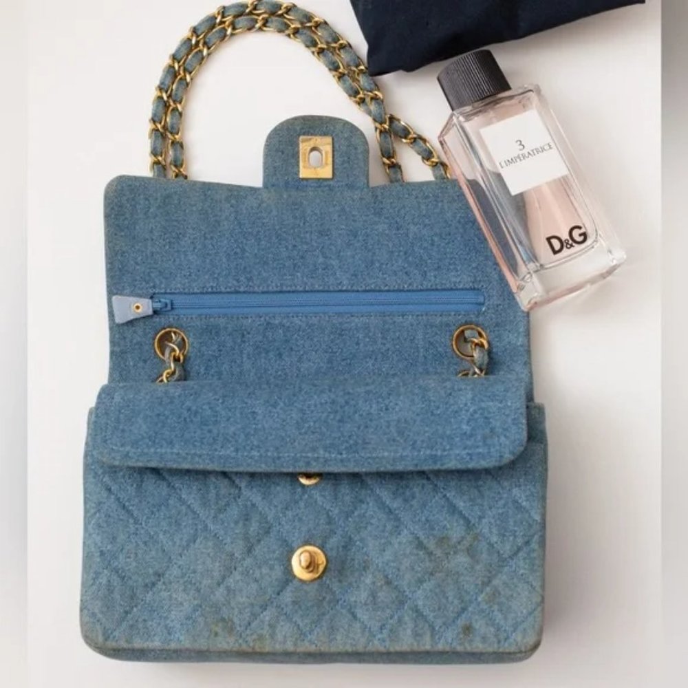 VTG CHANEL 1992 CLASSIC DENIM MEDIUM FLAP BAG PURSE CC TURN LOCK 24k - Picture 4 of 13